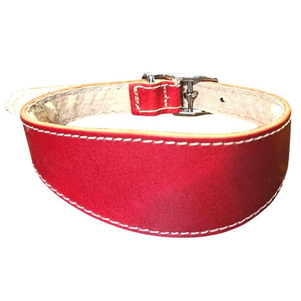 Handmade Leather Dog Collar 20" Adjustable Red w/ White Stitching & Soft Lining‎